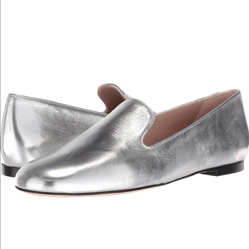 STUART WEITZMAN silver MyGuy smoking loafers.